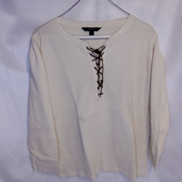 Ralph Lauren Tops - Lauren Ralph Lauren Cream Leather Tie Front 3/4 Sleeve Blouse
